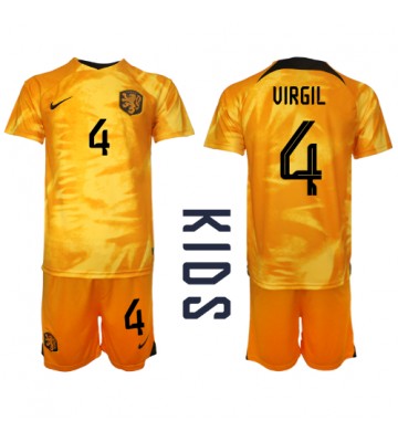 Nederland Virgil van Dijk #4 Hjemmedraktsett Barn VM 2022 Kortermet (+ Korte bukser)